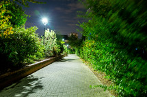 lighted path in a city at night 