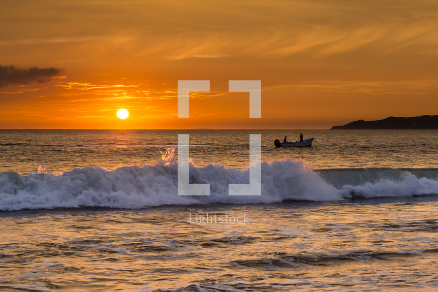 Puerto Vallarta, ocean, water, fishing, boat, man, sun, sunset, orange sky