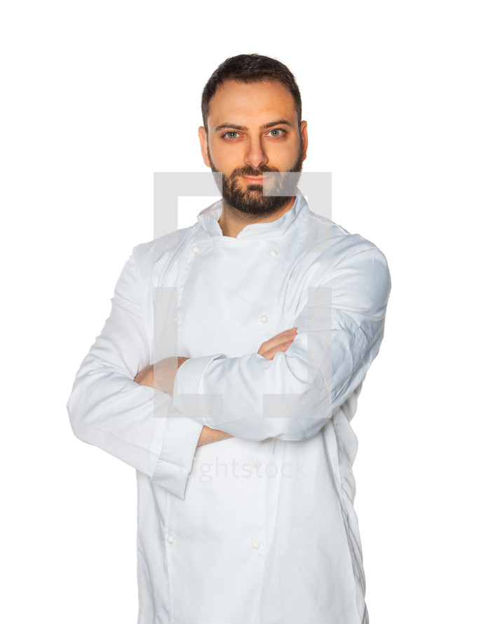 Chef in white uniform isolated on white background