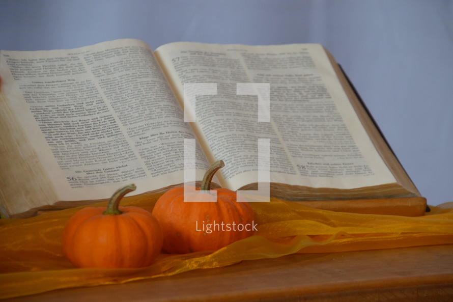 open Bible and mini pumpkins  on altar