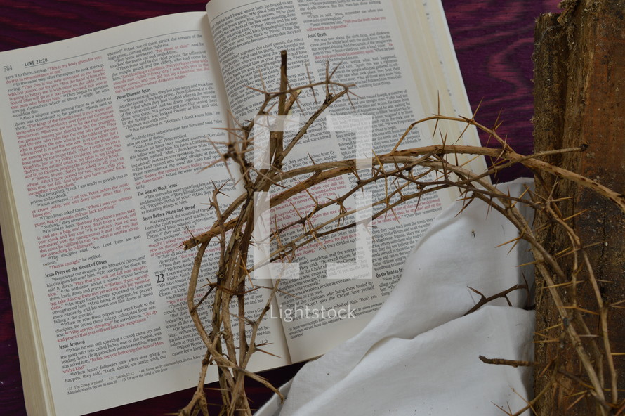 crown of thorns, a piece of cloth, a wooden beam and an open bible