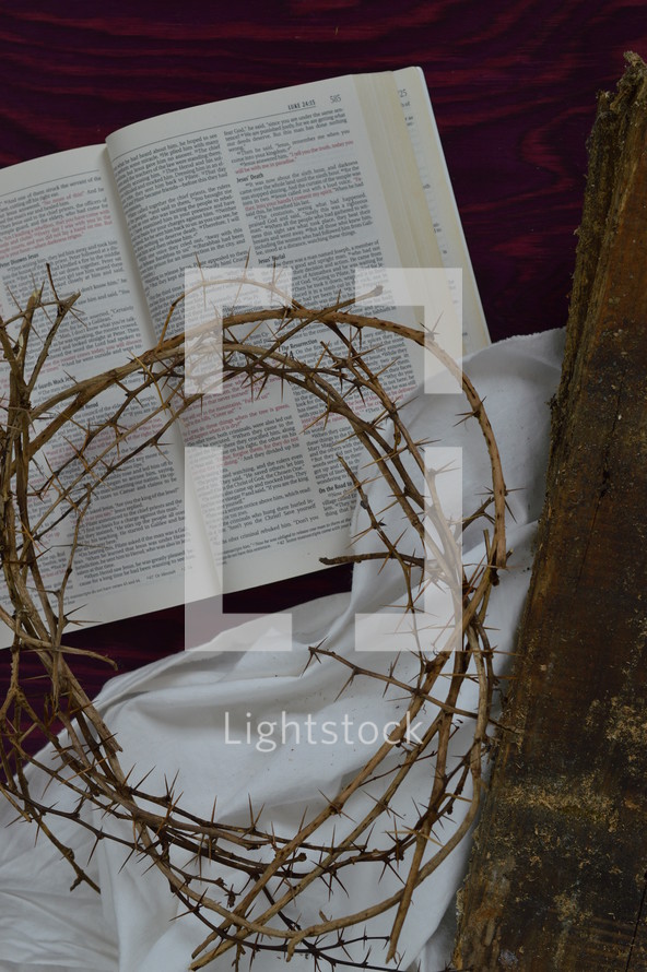 crown of thorns, a piece of cloth, a wooden beam and an open bible