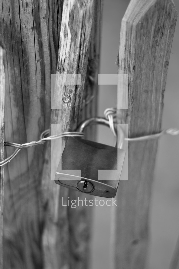 Padlock on a wooden fence. 
