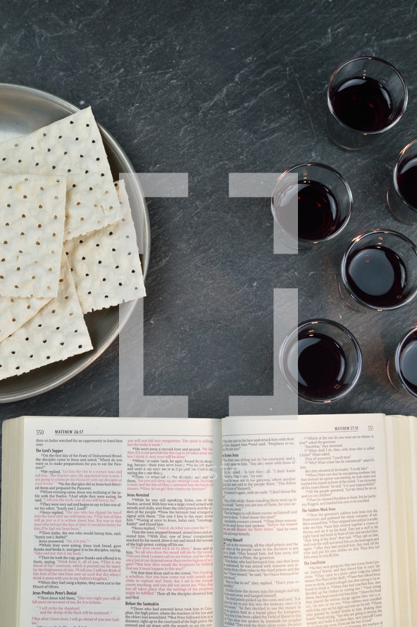 communion bread and wine and open Bible 
