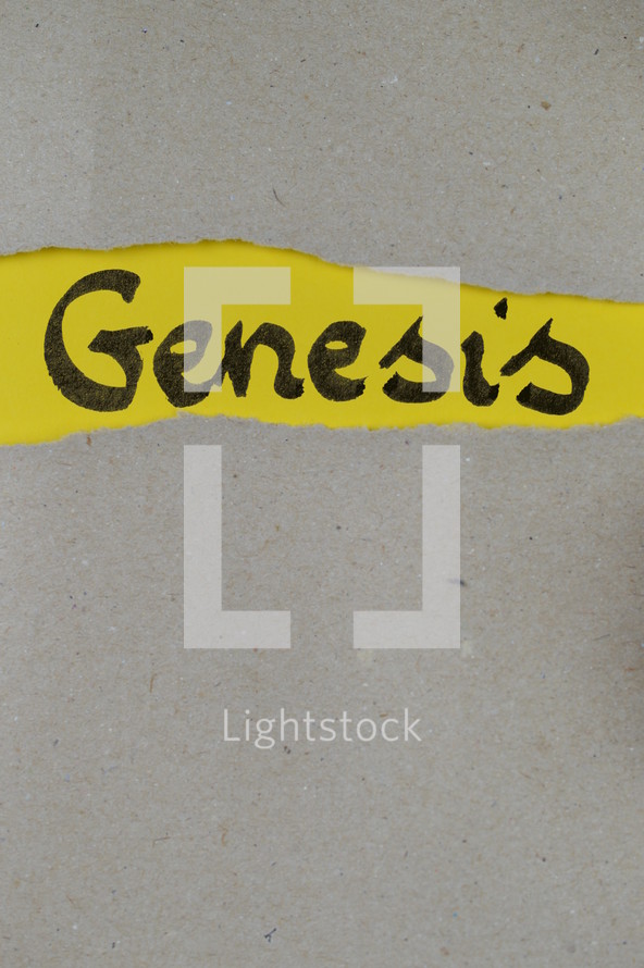 torn open kraft paper over yellow paper with the name of the book GENESIS