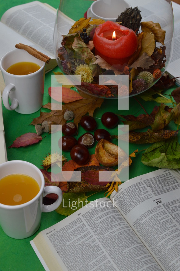 notebook, pen, open Bible, candle, and fall leaves on a green background 