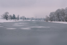 Frozen and snowy lake