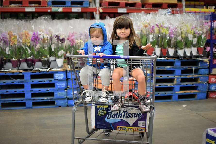 children in a shopping cart at a whole sale store 