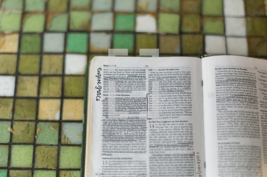 highlighted BIble on a table 