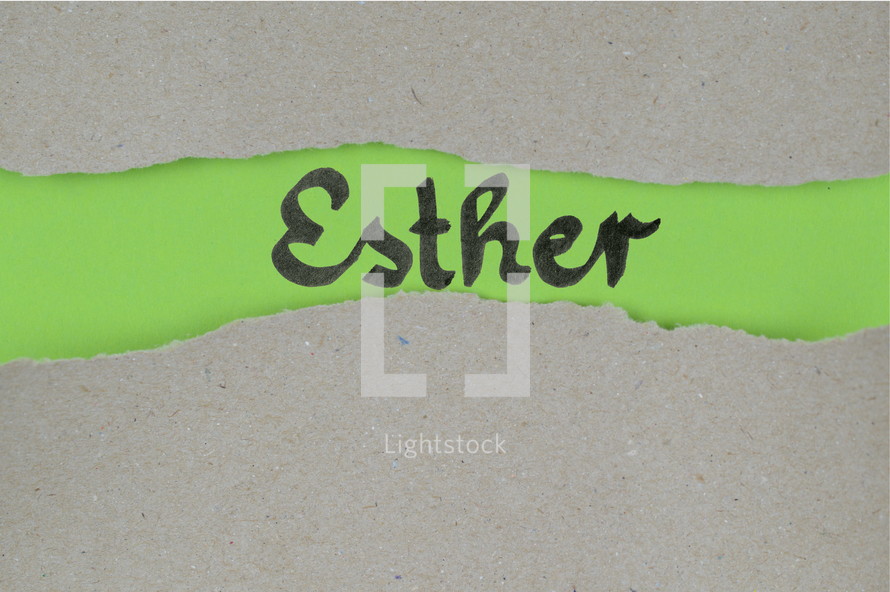 Esther - torn open kraft paper over green paper with the name of the book Esther