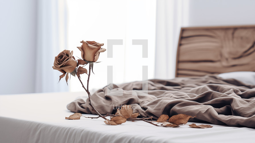 Two dying roses on a bed. Fading marriage concept. 