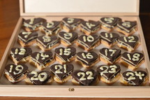 Christmas countdown cookies - sweet hearts Advent calendar with 24 home made chocolate marzipan hearts for my sweetheart