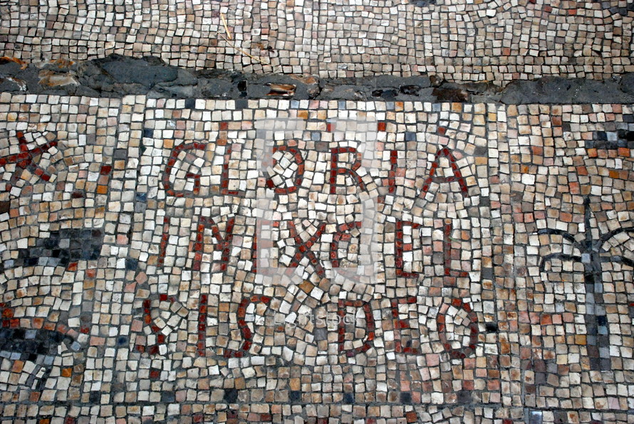 A mosaic at the Shepherds' Field in Beit Sahour (a suburb of Bethlehem), the traditional site of the angelic annunciation to the shepherds. It reads (in Latin) "Gloria in excelsis Deo" (Glory to God in the highest), the first line of the angels' song.