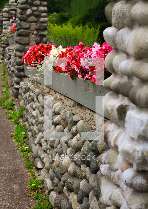 flowers on a stone fence 