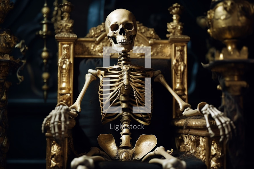 What does it profit a man to gain the whole world, yet forfeit his soul? - Gold skeleton on a throne