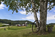 wagon wheel and a farm 