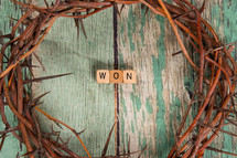 won and crown of thorns on a green wood background 