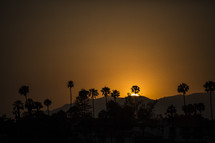 sunset setting behind a mountain and silhouette of palm trees 
