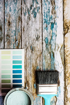 paint chips, paint can, paint, color, paint brush, design, choices, weathered wood, background, fresh start 