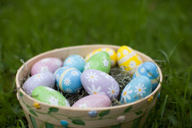 decorated Easter eggs in a basket 