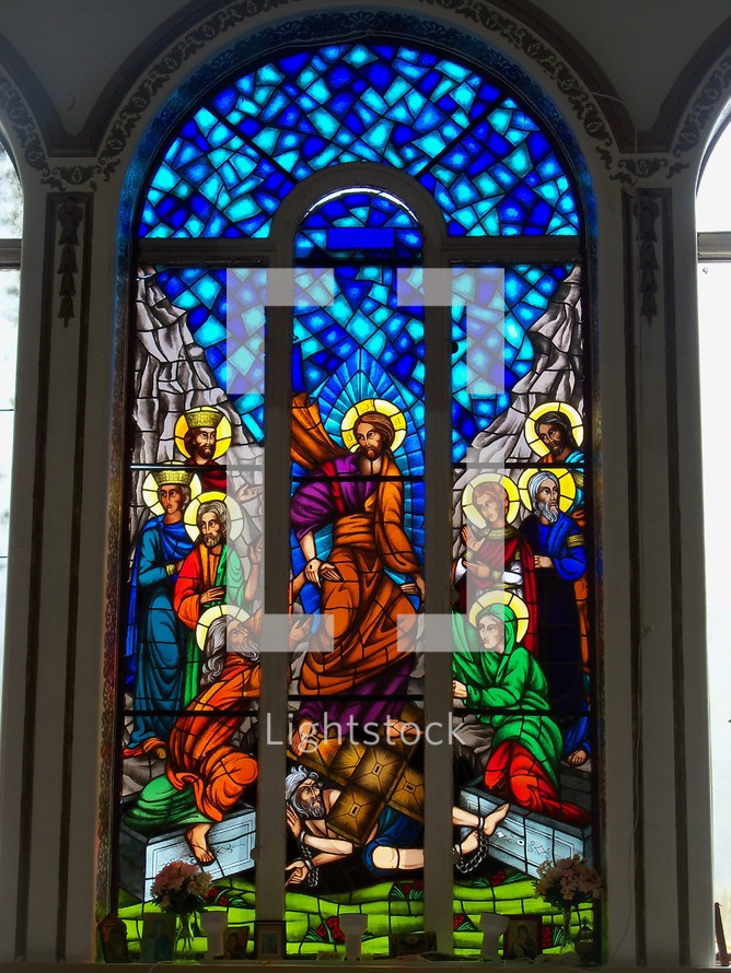 Jesus and the apostles stained glass window relief