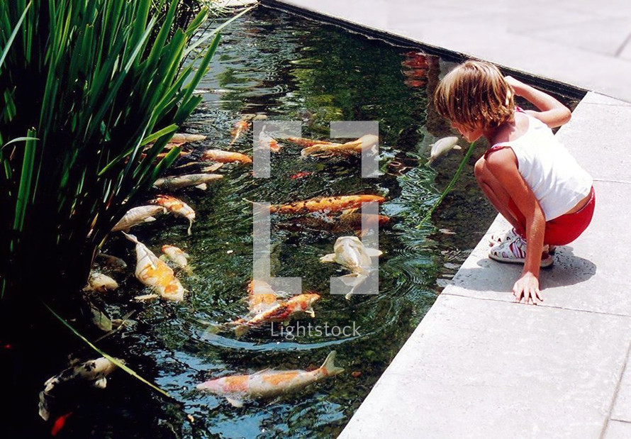 A young girl watching fish in a Koi pond  while sitting on a concrete ledge. I photographed this young girl while on vacation in Newport Beach, California back in 2005 and it is still one of my favorite photographs just because of the rich colors and seeing a young child at play with these beautiful and colorful fish. Some thing we all have done or would love to do in our spare time captured in time for all to enjoy. 