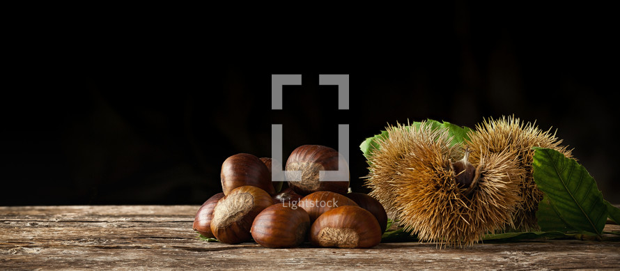 Chestnuts and chestnut bur on wooden table and black background with copy space.