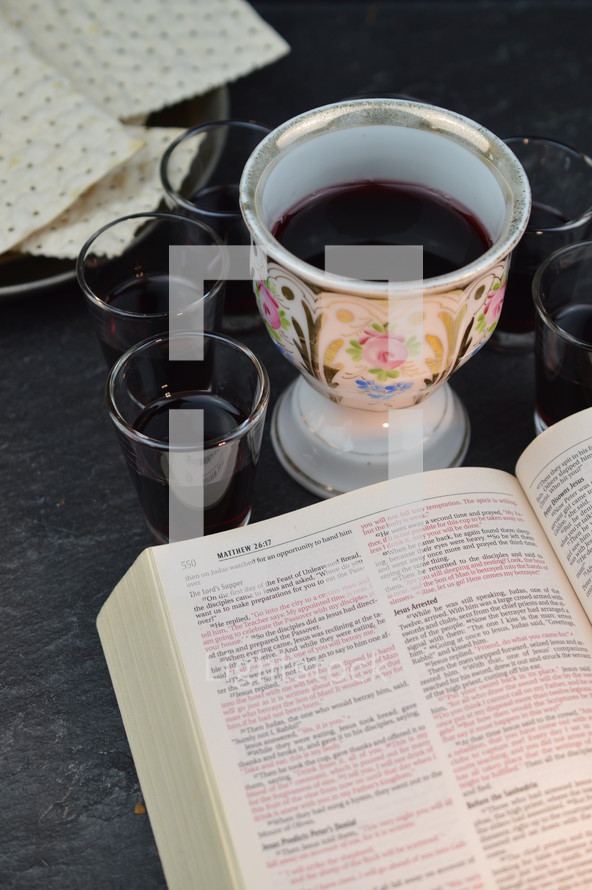 chalice of communion wine and open Bible 