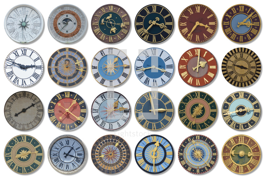 collection of multicolored ancient church tower clocks in different sizes and forms with roman numbers in regular rows on white background