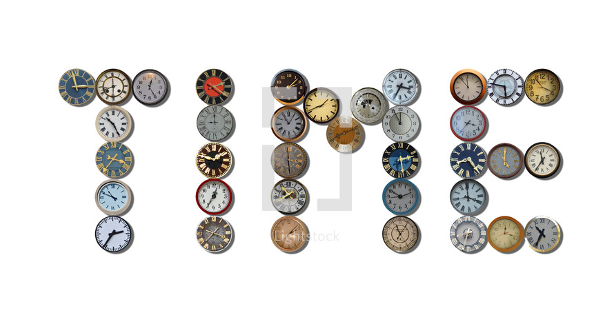 time - a lot of different clocks lettering the word TIME 