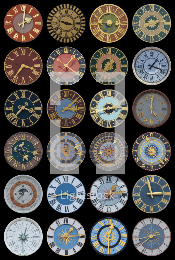 collection of multicolored ancient church tower clocks in different sizes and forms with roman numbers in regular rows on black background