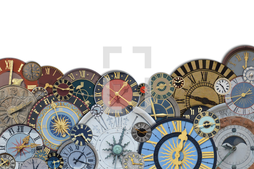 border out of a collection of multicolored ancient church tower clocks in different sizes and forms with roman numbers isolated with blank white copy space above