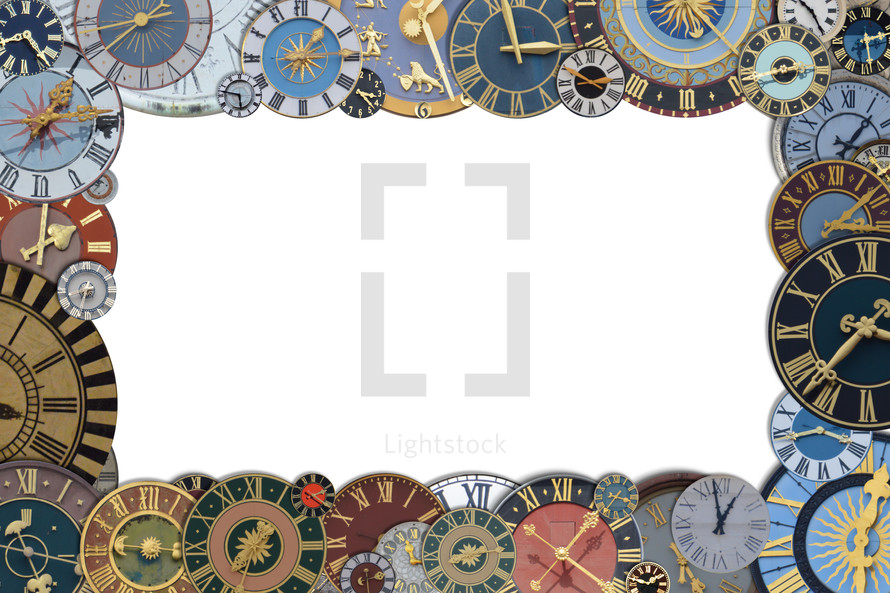 frame out of a collection of multicolored ancient church tower clocks in different sizes and forms with roman numbers isolated around blank white copy space in the middle