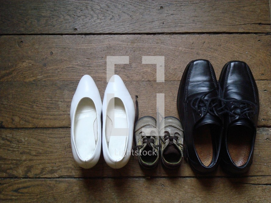 Family's shoes lined up on a wood floor.