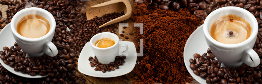 Coffee Banner Collage with espresso, croissant and coffee beans.
