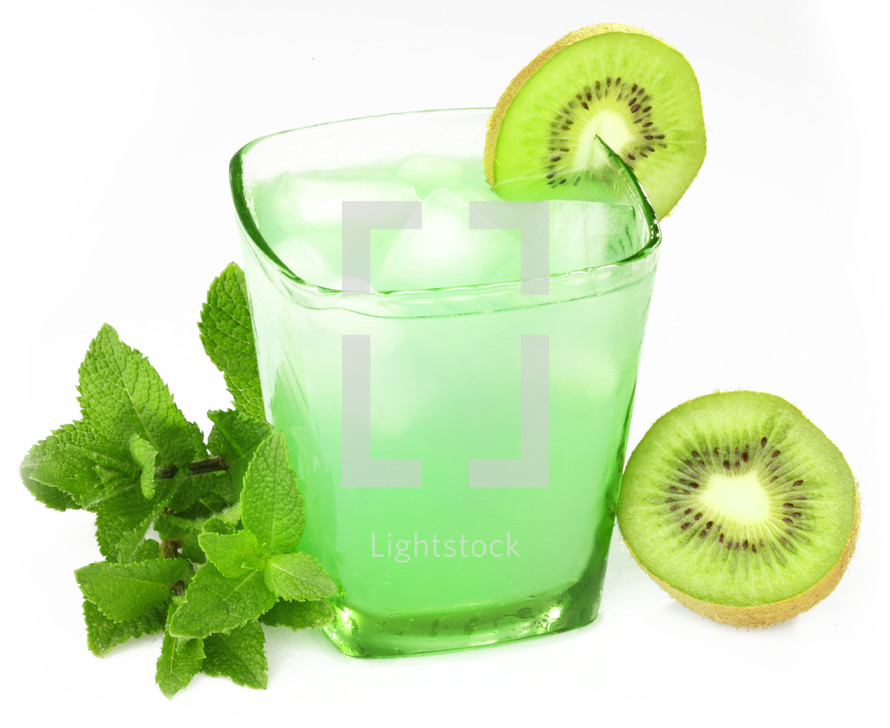 Drink with mint and kiwi on white background
