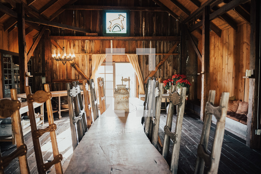 long dining table in a barn 