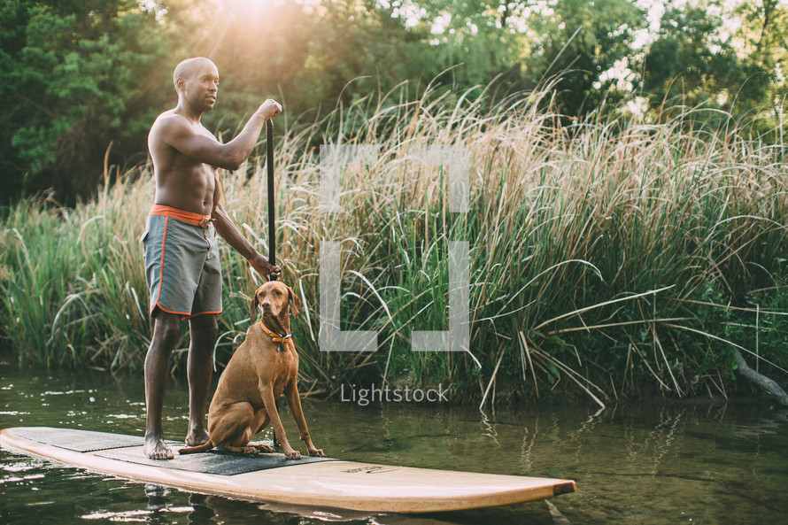 a man with his dog on a paddle board 