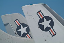Folded wings of a American jet fighters on an aircraft carrier