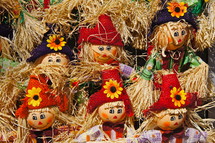 Scarecrow dolls. Straw, autumn, red, child, toy, hat, flower, fall