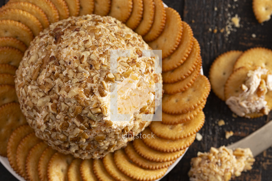 cheese ball, and cracker tray 
