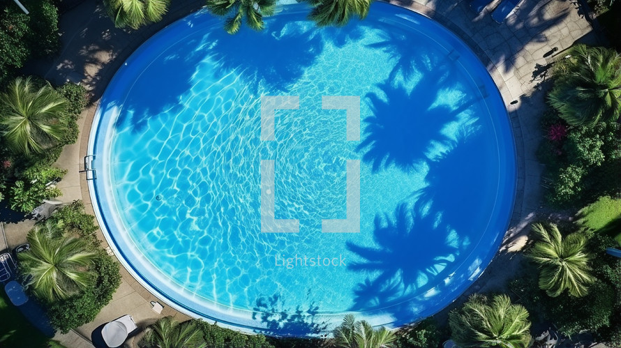 Pool water with tropical trees from birds eye view. 