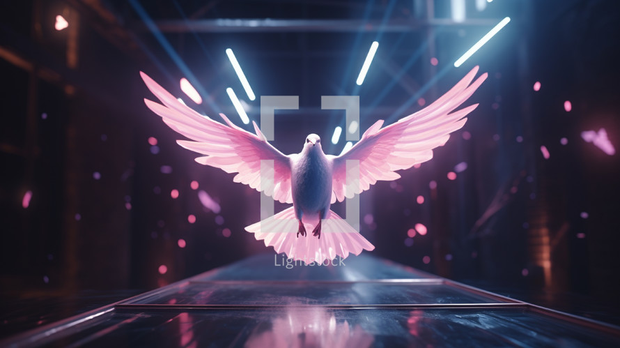 Flying dove in neon lighting. 