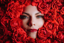 Portrait beautiful woman in bath, face with perfect make-up in roses flowers decoration. Concept of skin rejuvenation, spa treatments. High quality