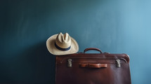 Vacation hat on top of a suitcase on a blue wall. 