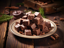 Plate Filled with Traditional Milk Chocolate Fudge on a Wooden Table