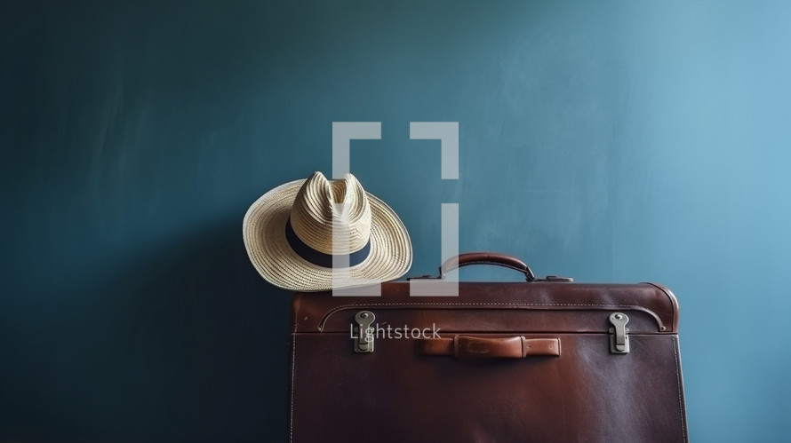 Vacation hat on top of a suitcase on a blue wall. 