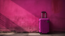 Magenta suitcase on a magenta wall. Travel concept. 