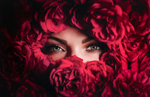 Macro portrait beautiful woman in bath, face with perfect make-up in roses flowers decoration. Concept of skin rejuvenation, spa treatments, perfumery. High quality