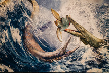 October 2023 - Prague, Czechia. Paleontology Ancient Marine Reptiles picture art. Dinosauria Museum, Modern exhibition for children and adults. Education concept. High quality photo